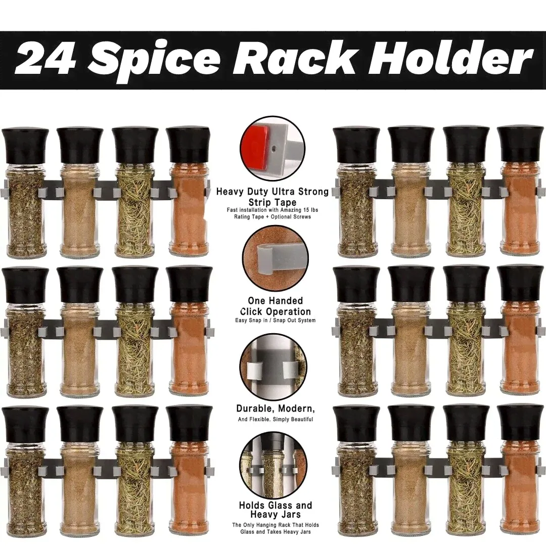Kitchen Spice Rack 24 Clip Organizer Gripper Holds Glass Heavy Jars Cabinet door-0